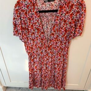 Zara Red and Pink Floral Midi Dress